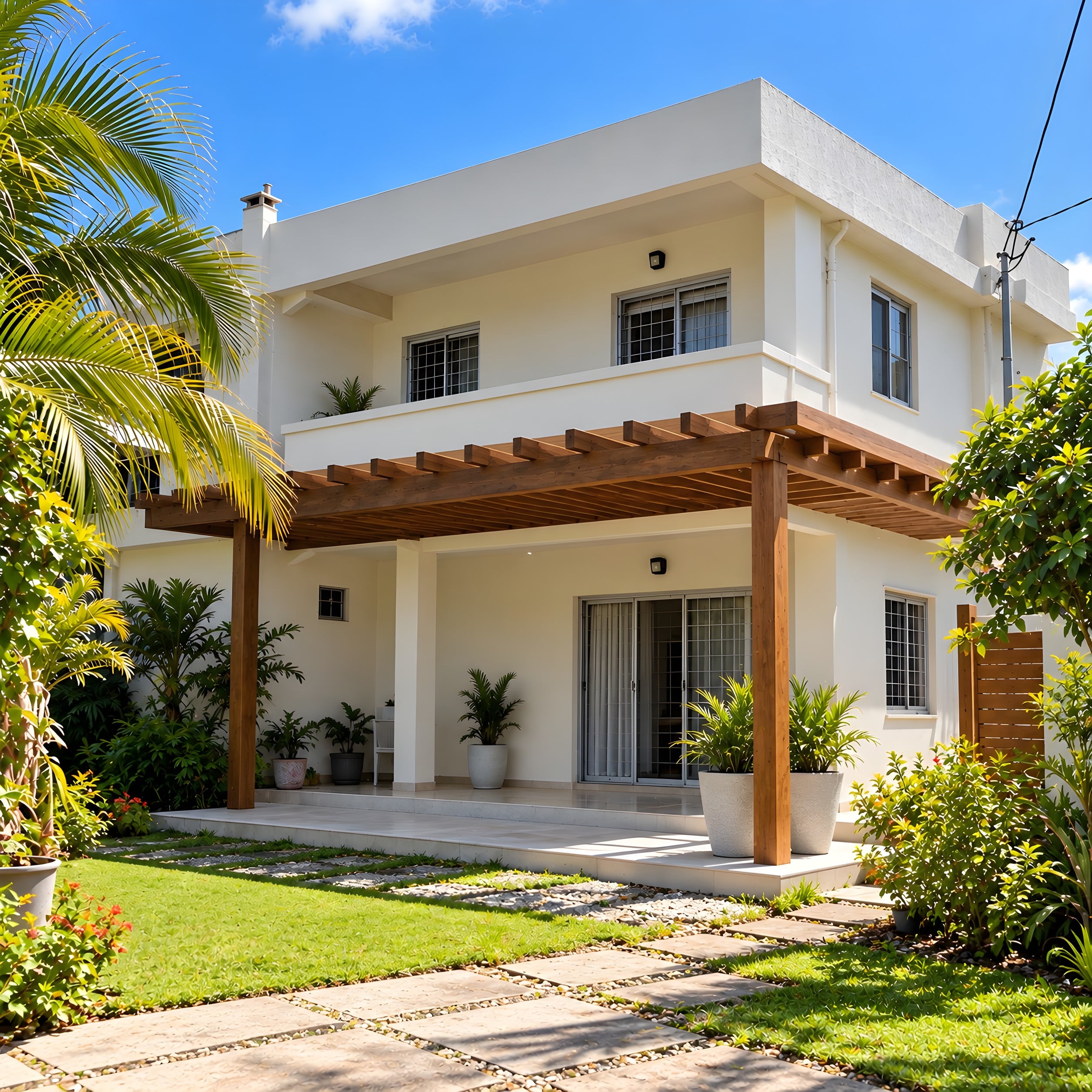 Maison après rénovation : façade repeinte, pergola bois, jardin aménagé
