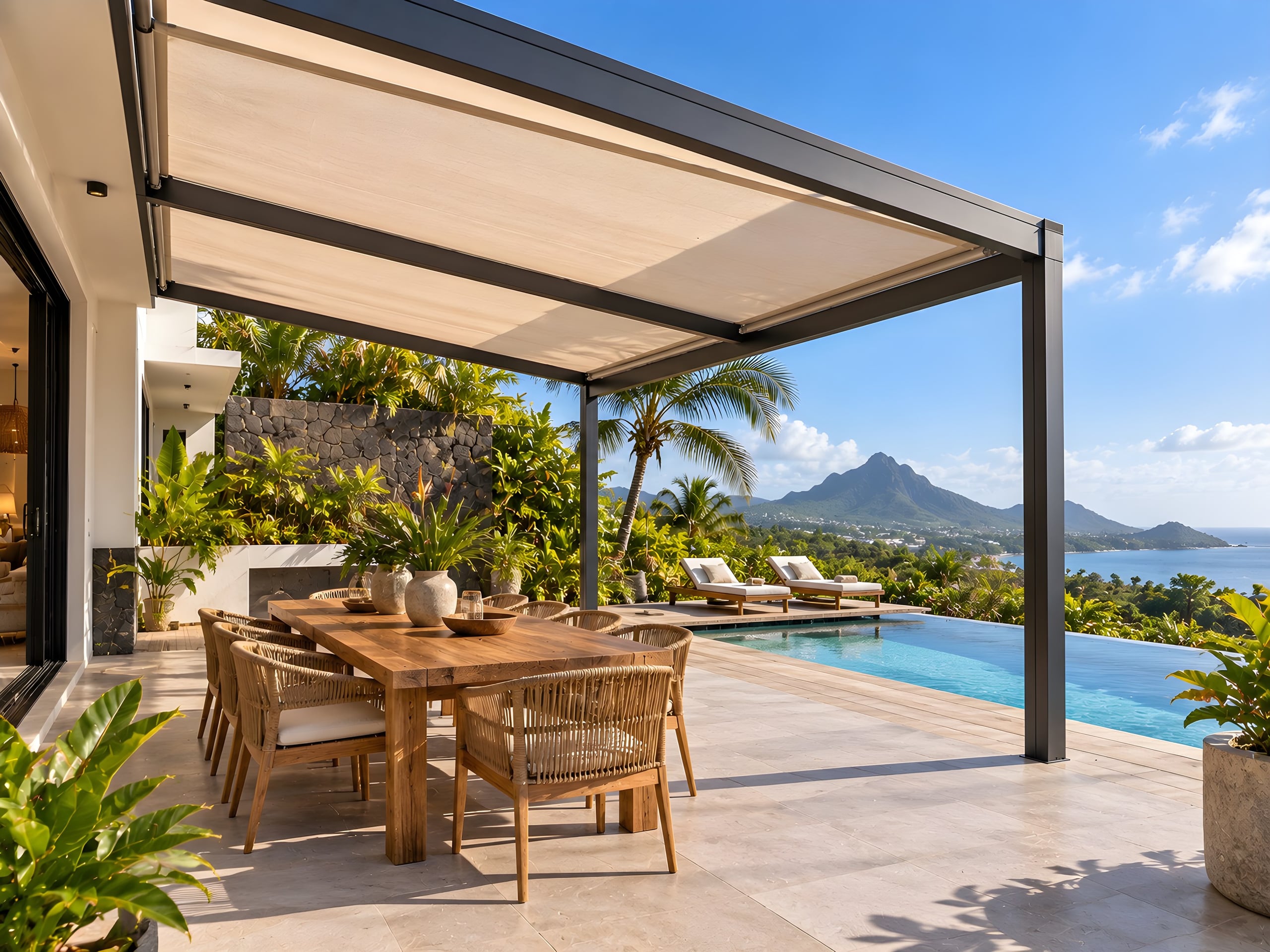 Pergola aluminium à toile rétractable au-dessus d’une table, piscine et mer en arrière-plan