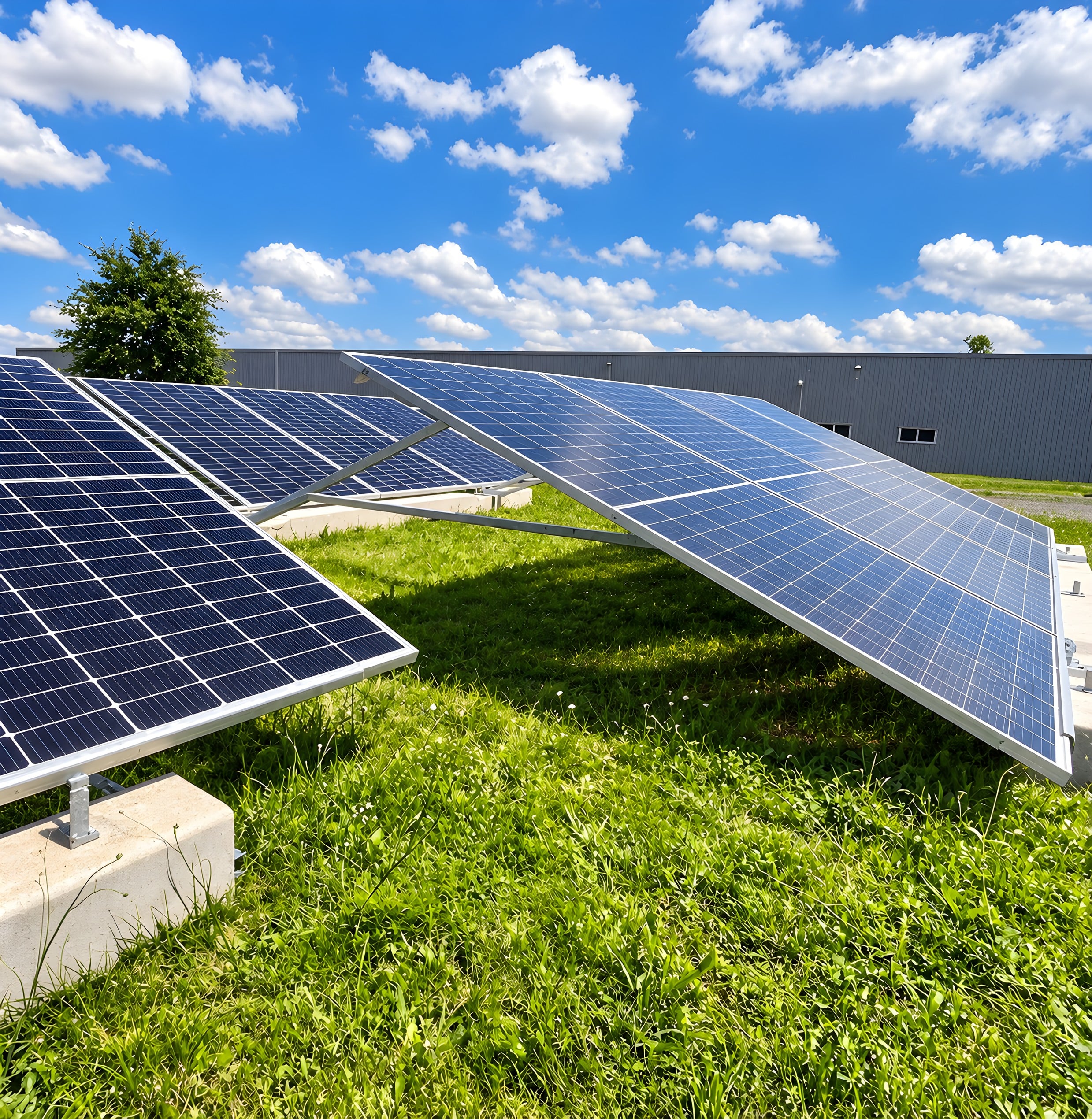 Rangées de panneaux solaires sur structures aluminium posées sur plots béton dans une pelouse