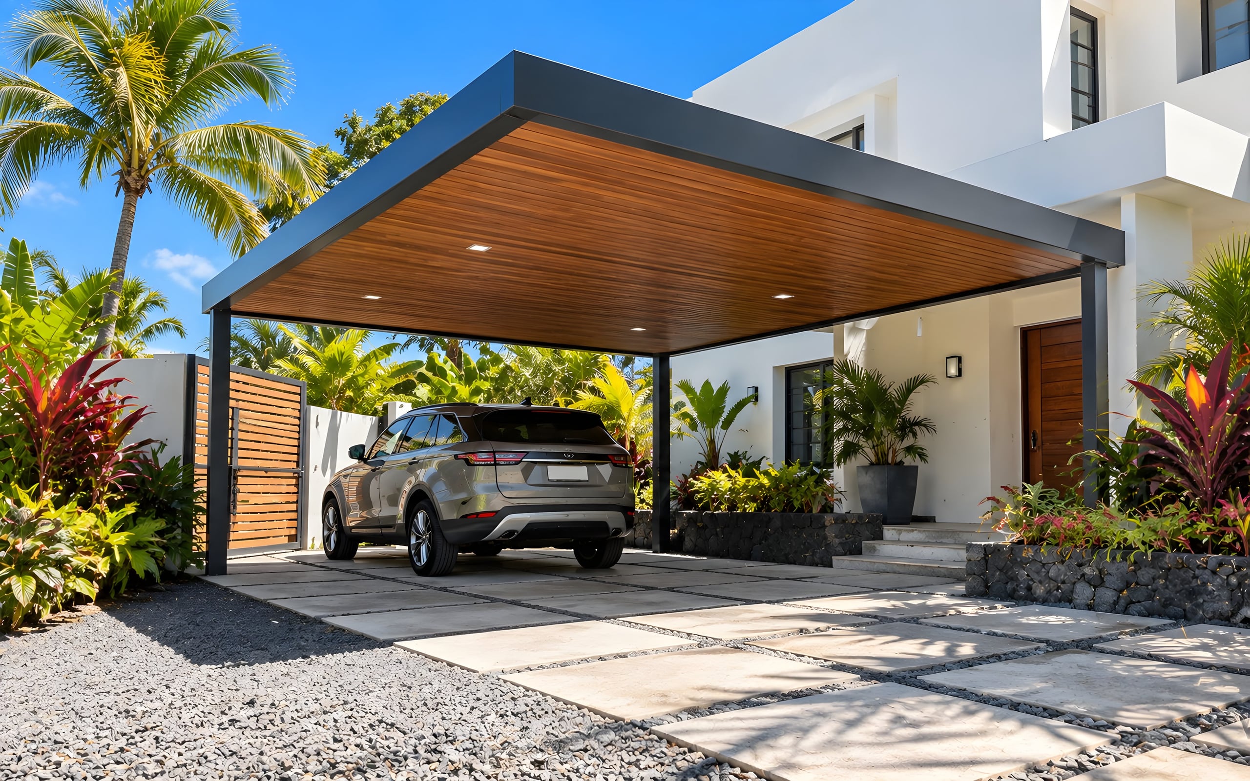 Carport en aluminium anthracite avec plafond en lambris bois, devant une villa