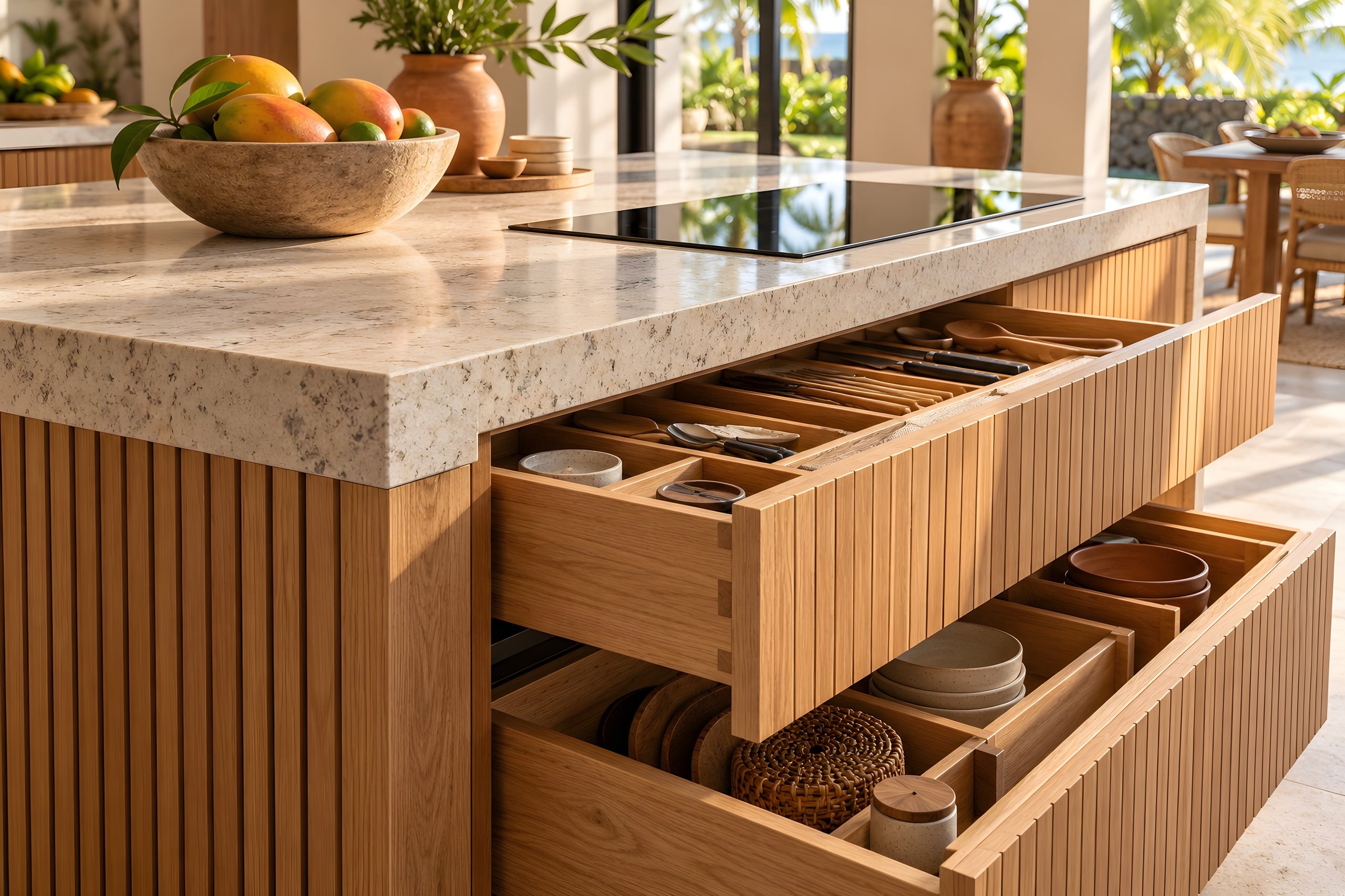 Détail d’une cuisine sur mesure : tiroirs en chêne ouverts, rangements intégrés et plan de travail en granit