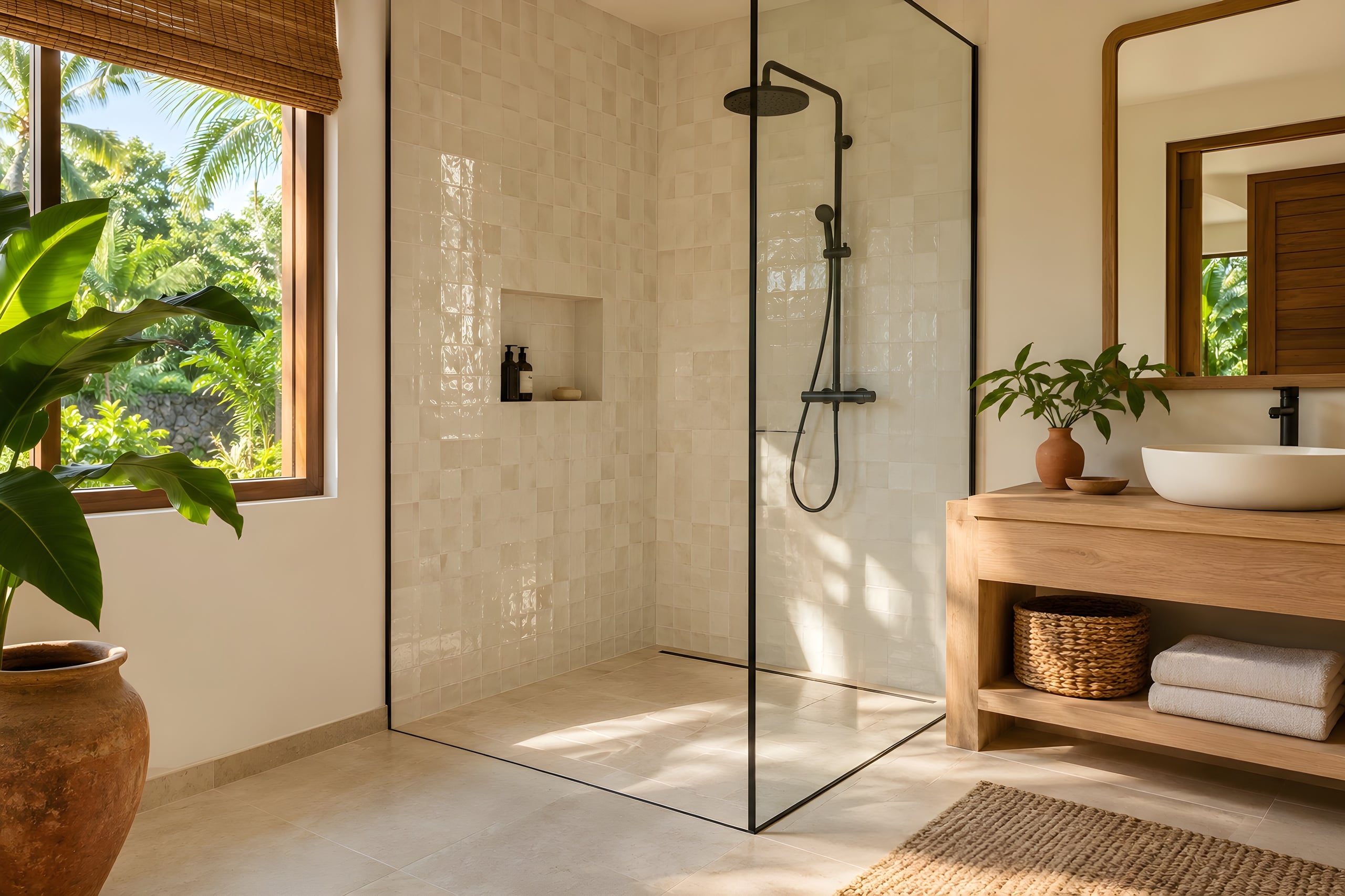 Douche à l’italienne avec paroi vitrée, mur en zellige blanc et niche intégrée