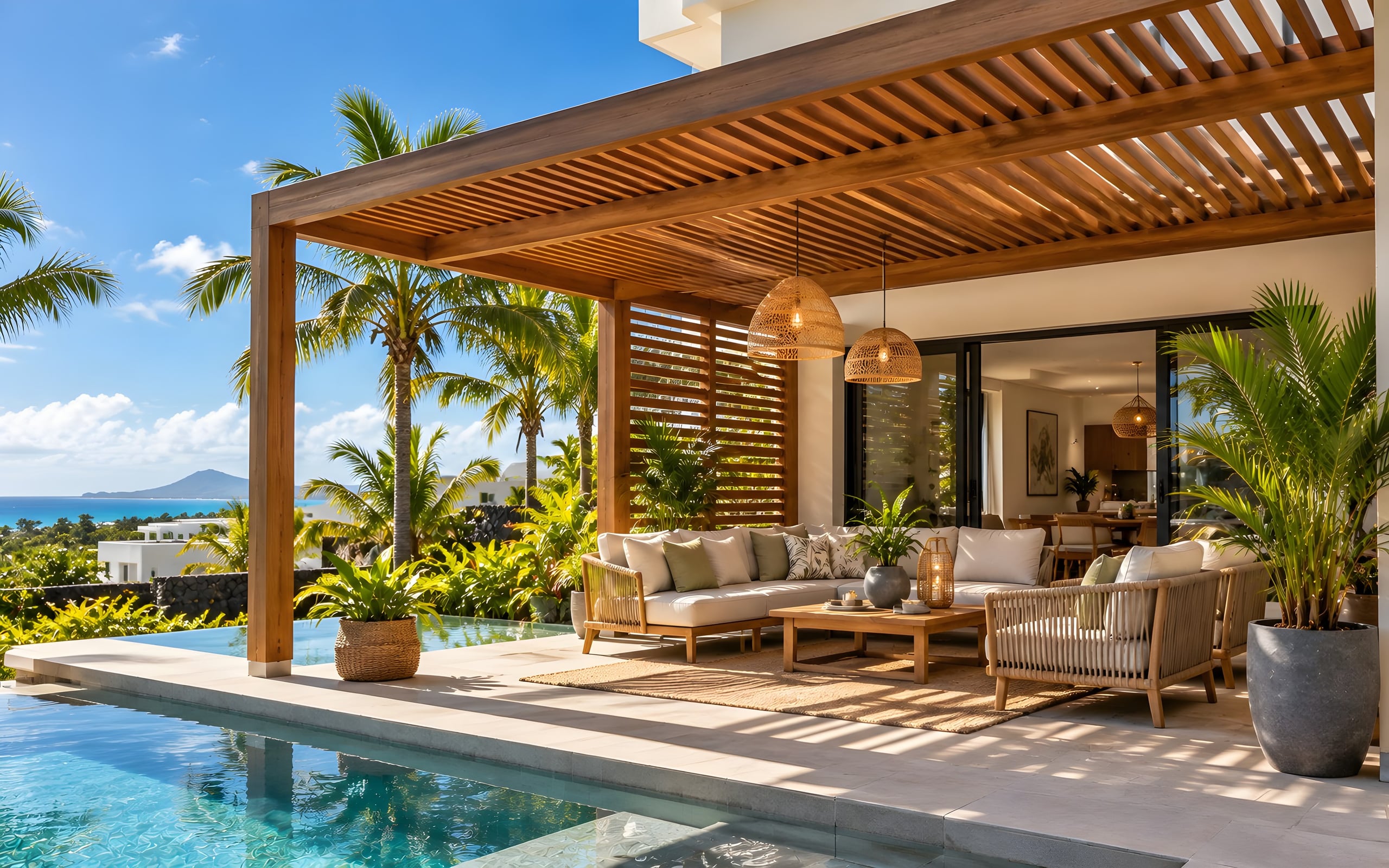 Pergola en bois à lames au bord d’une piscine