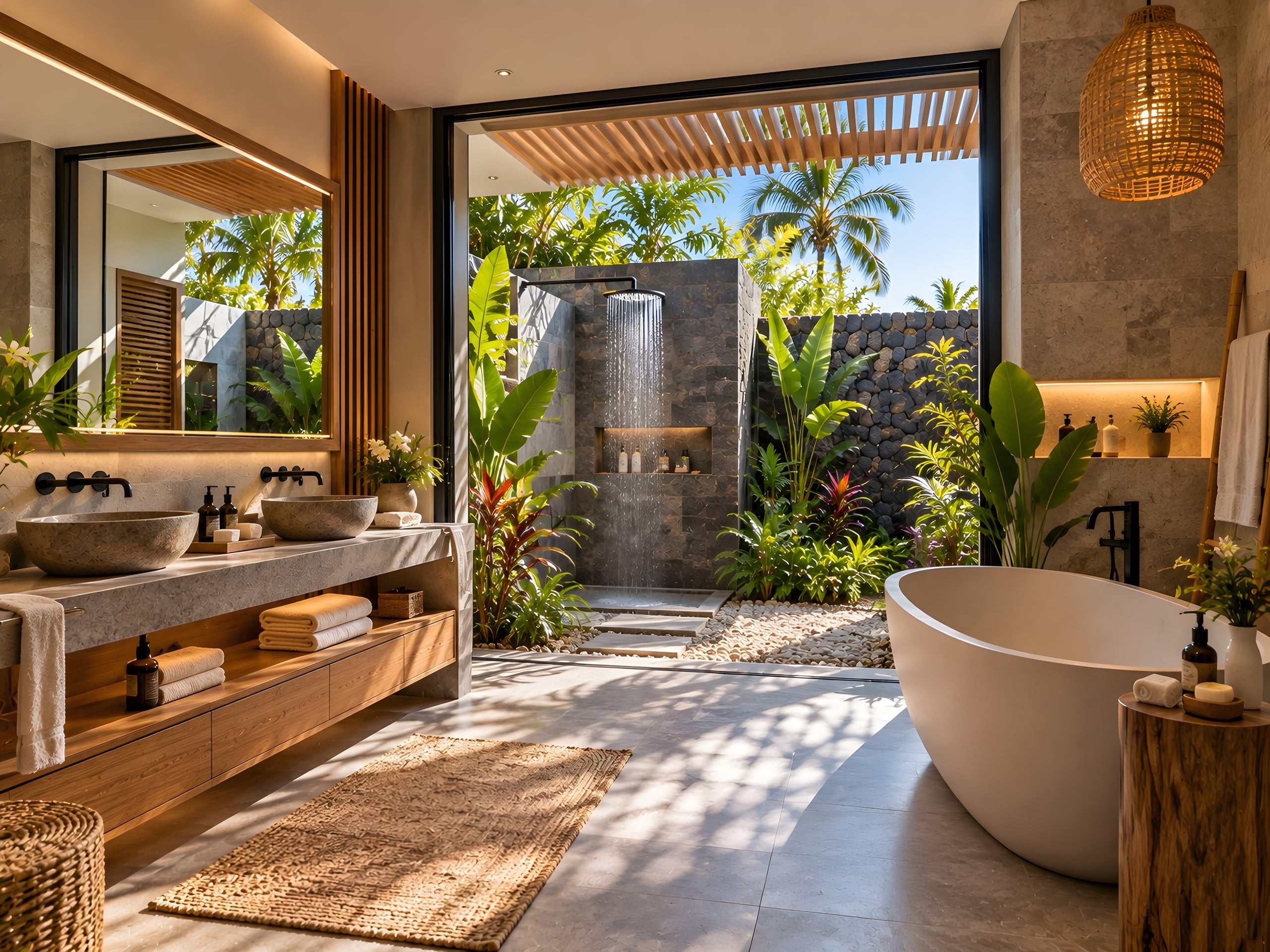 Salle de bain en pierre et bois, double vasque, baignoire îlot et douche tropicale ouverte sur un jardin