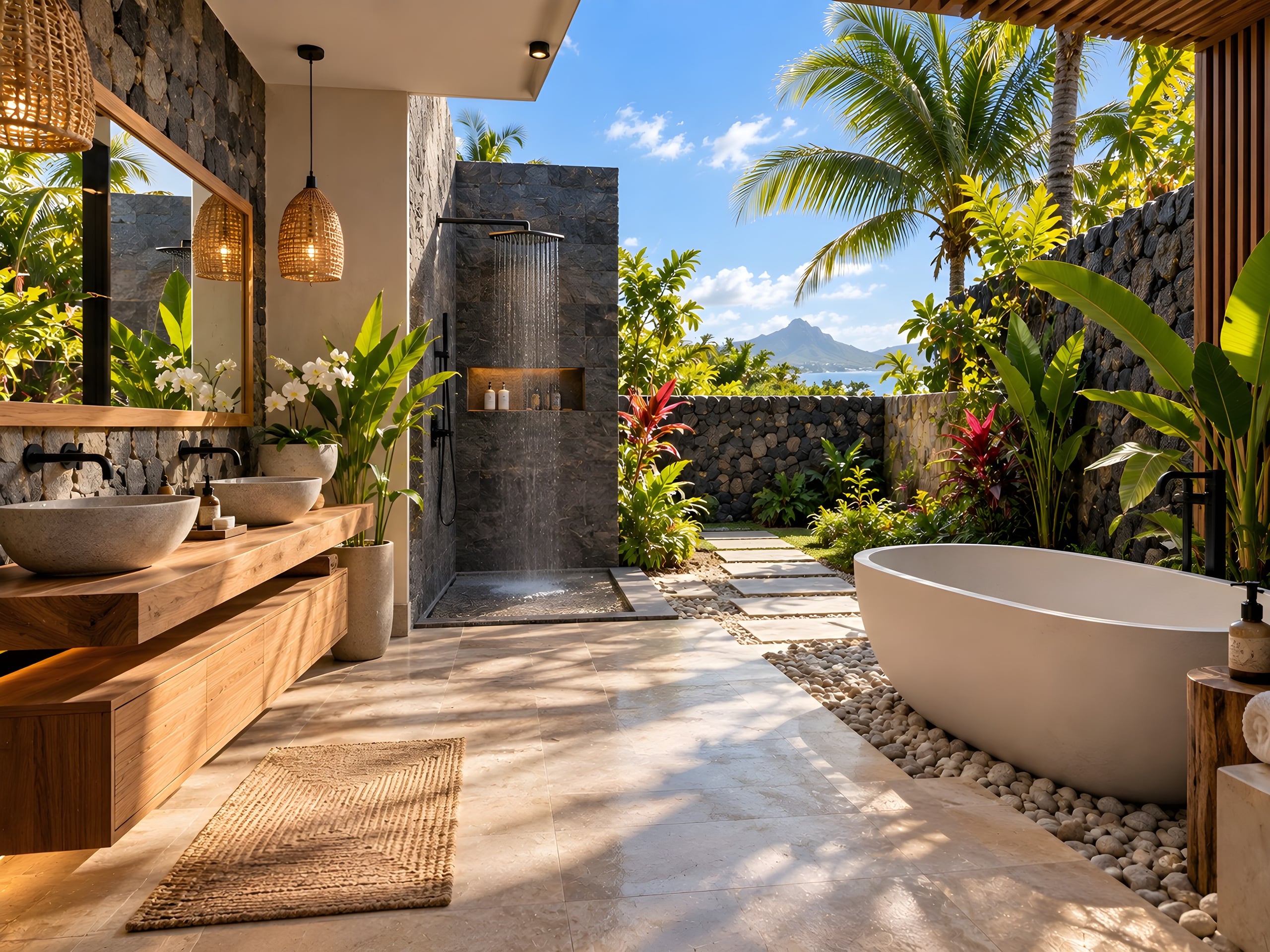 Salle de bain semi-extérieure, murs en basalte, douche à l’italienne et baignoire face à la montagne