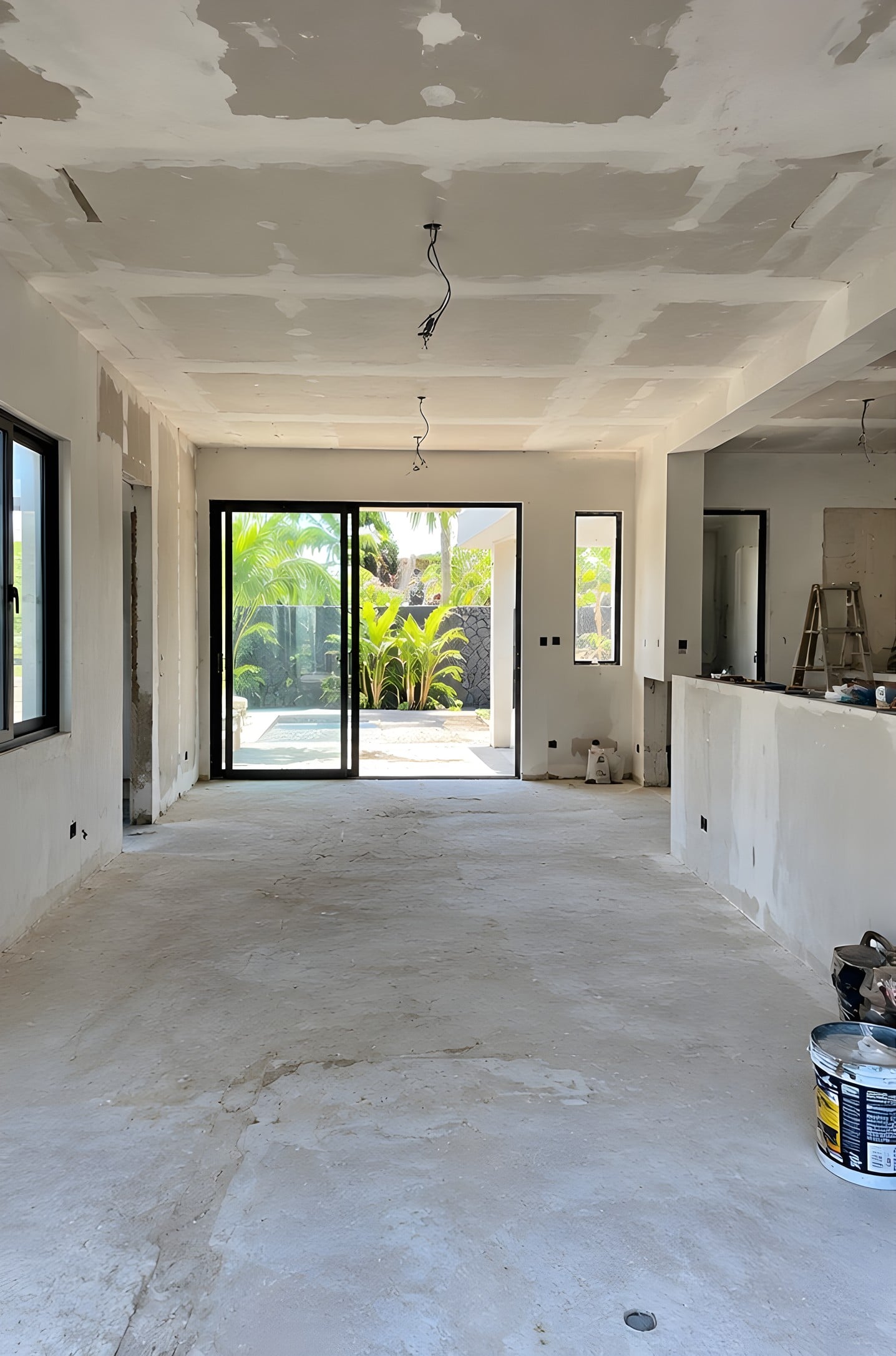 Avant : Salon avant travaux : plafond enduit, sol brut