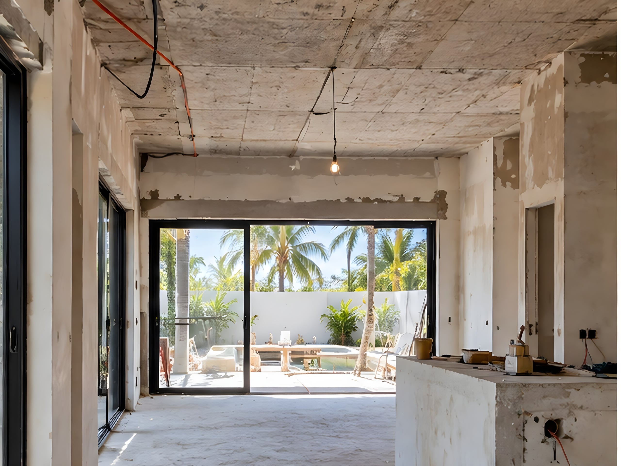 Avant : Séjour de villa avant travaux : plafond brut, gaines apparentes, sol en béton
