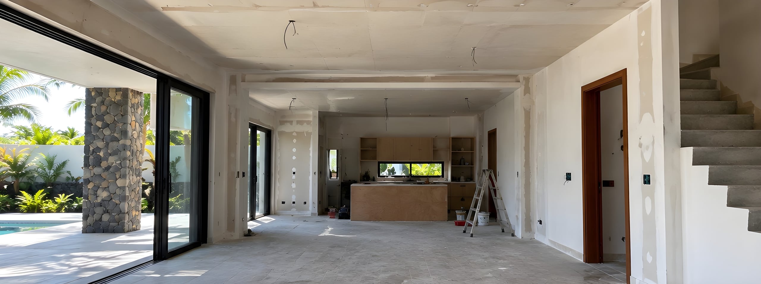 Avant : Séjour de villa avant travaux : murs bruts, cuisine en cours