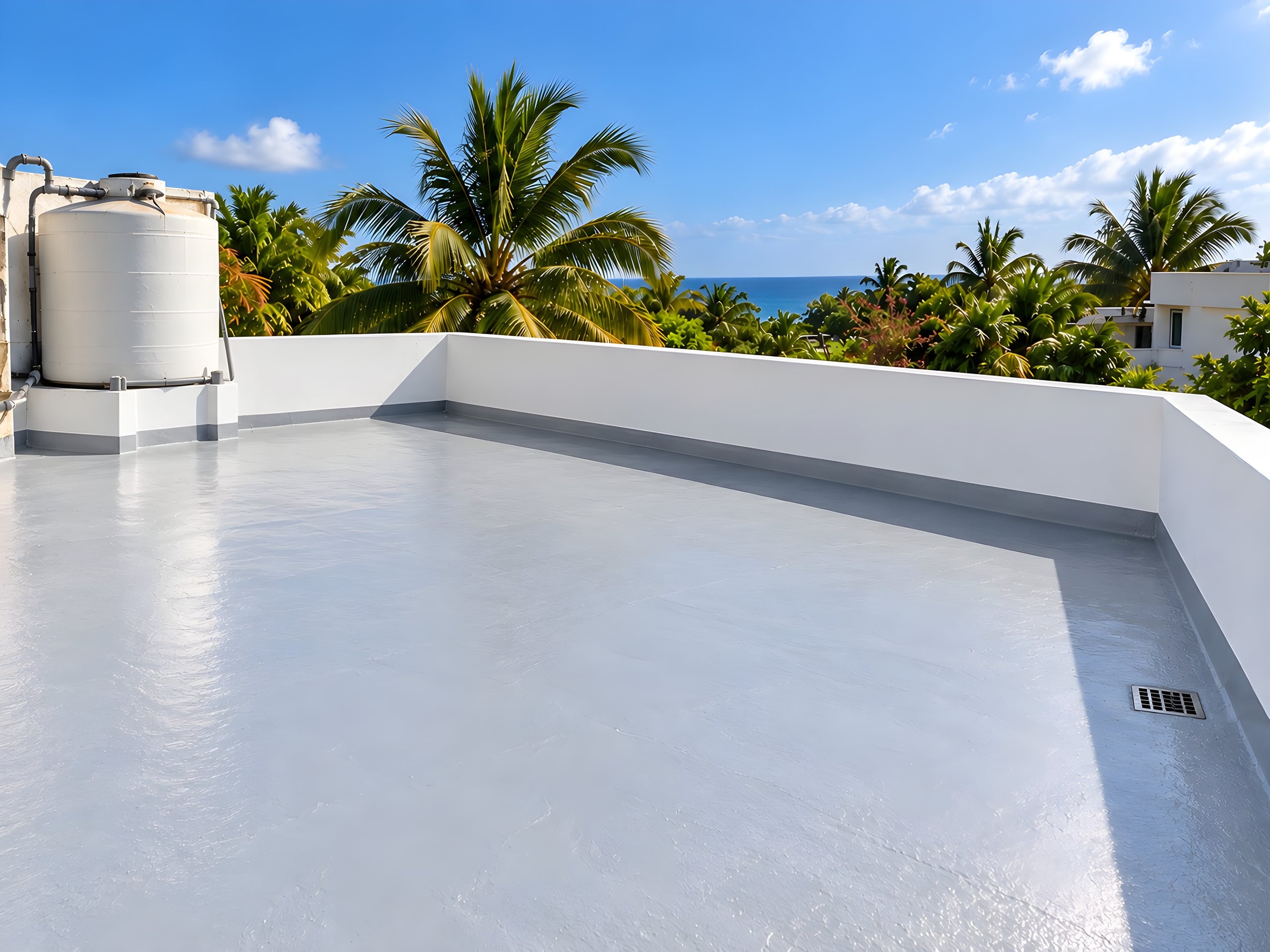 Après : Le même toit-terrasse après étanchéité : membrane gris clair continue, acrotère repeint
