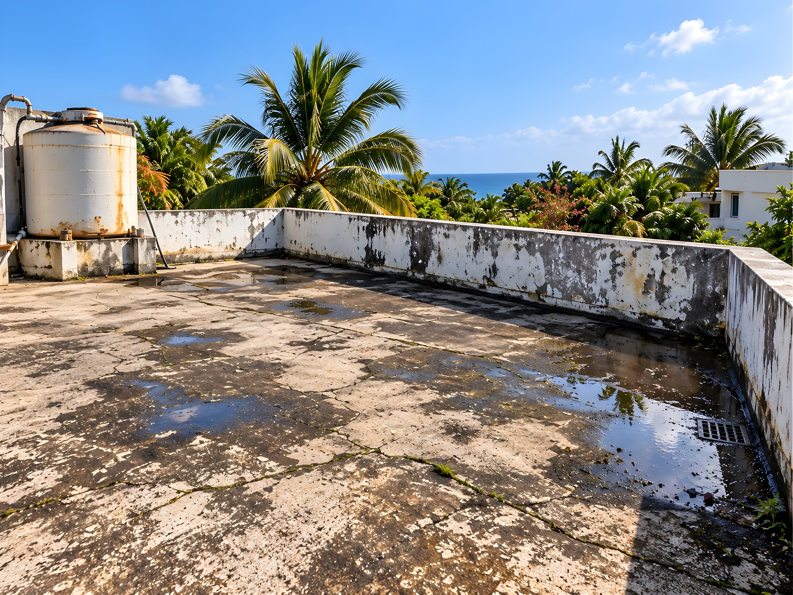 Avant : Toit-terrasse avant étanchéité : dalle tachée, fissures et flaques près de l’évacuation