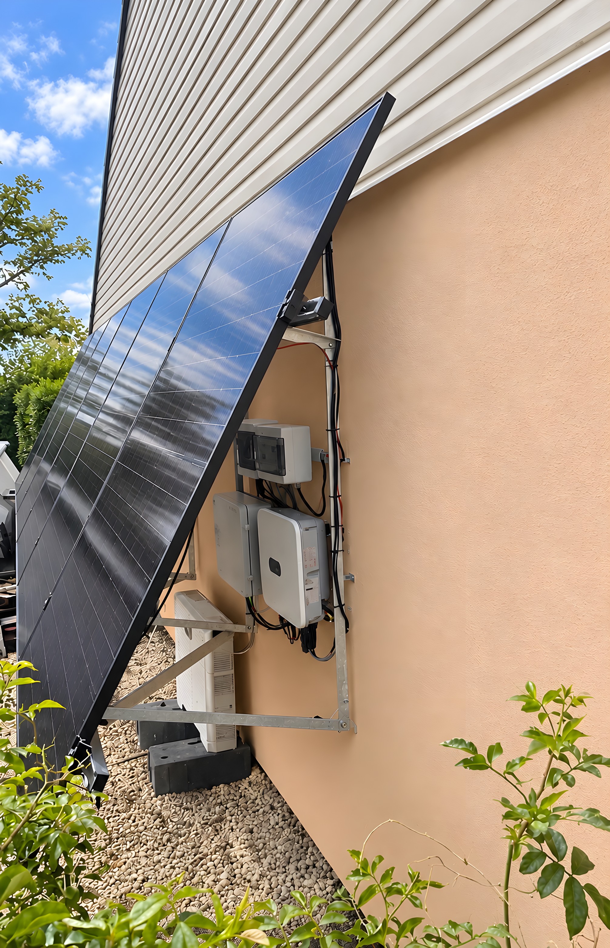 Panneaux solaires fixés en façade sur supports inclinés, onduleur et coffret électrique au mur